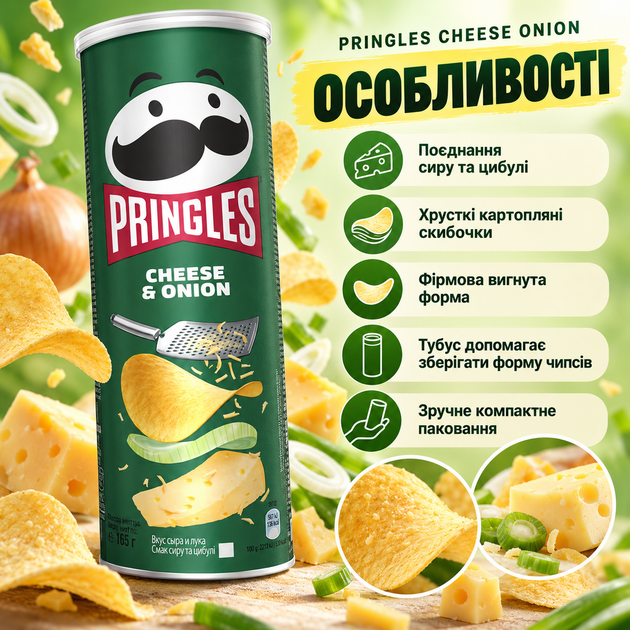 Чипси Pringles Cheese Onion картопляні зі смаком сиру цибулі хрустка закуска скибочками у картонному тубусі 165 г - зображення 2