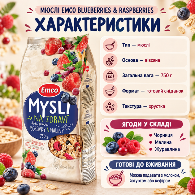 Мюслі Emco Blueberries Raspberries ягідні вівсяні запечені хрусткі з чорницею малиною журавлиною натуральні без консервантів барвників ароматизаторів сухий сніданок 750 г - Фото 3 Мюслі Emco Blueberries Raspberries ягідні вівсяні запечені хрусткі з чорницею малиною журавлиною натуральні без консервантів барвників ароматизаторів сухий сніданок 750 г - зображення 3