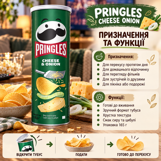 Чипси Pringles Cheese Onion картопляні зі смаком сиру цибулі хрустка закуска скибочками у картонному тубусі 165 г - зображення 4