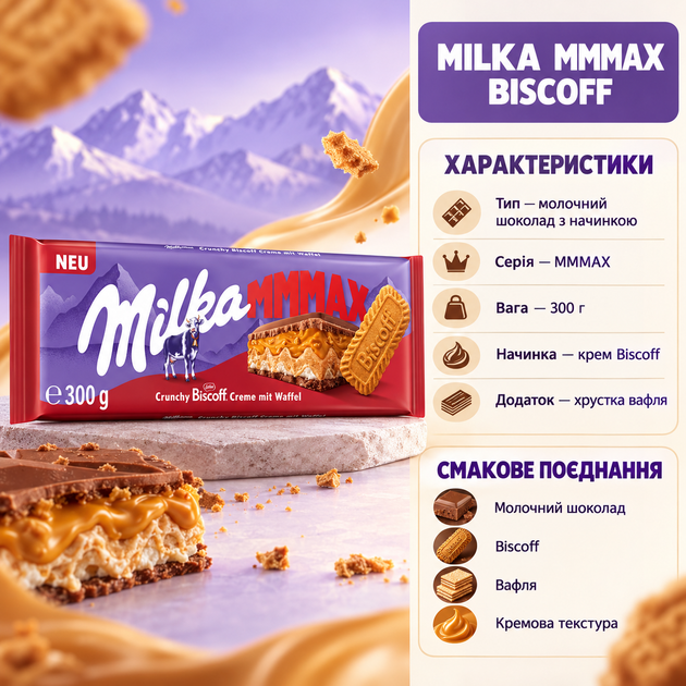 Шоколад молочный Milka Biscoff MMMAX с кремовой начинкой карамелизированным печеньем хрустящей вафлей десертная большая плитка 300 г - Фото 3 Шоколад молочный Milka Biscoff MMMAX с кремовой начинкой карамелизированным печеньем хрустящей вафлей десертная большая плитка 300 г - изображение 3