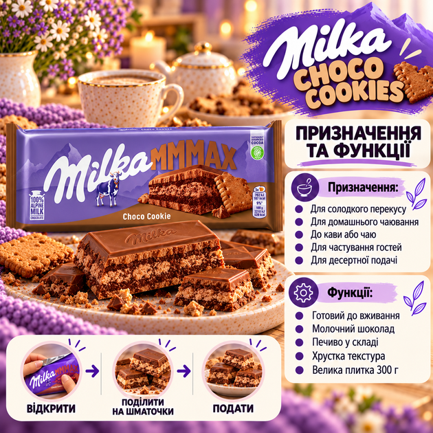 Шоколад молочный Milka Choco Cookies с печеньем хрустящими кусочками большая десертная плитка для чая кофе сладкого перекуса 300 г - изображение 4