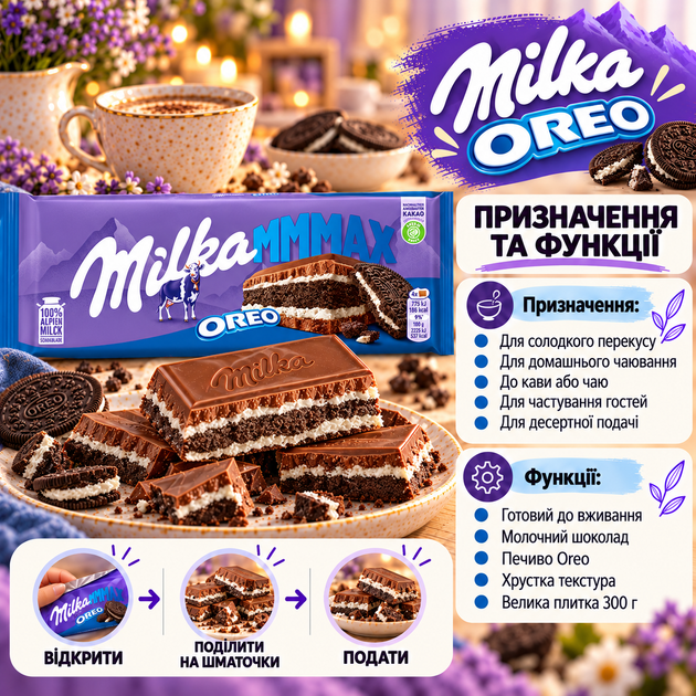 Шоколад молочный Milka Oreo с кусочками печенья ореховой пастой хрустящей начинкой большая десертная плитка для чая кофе и перекуса 300 г - Фото 4 Шоколад молочный Milka Oreo с кусочками печенья ореховой пастой хрустящей начинкой большая десертная плитка для чая кофе и перекуса 300 г - изображение 4