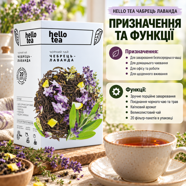 Чай чорний Hello Tea Чабрець Лаванда пакетований великолистовий індійський цейлонський квітковий з цедрою лимона у фільтр пакетах 20 шт - зображення 4