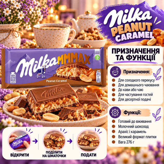 Шоколад молочный Milka Peanut Caramel с арахисом карамелью большая десертная плитка с ореховым вкусом для чая кофе и перекуса 276 г - Фото 4 Шоколад молочный Milka Peanut Caramel с арахисом карамелью большая десертная плитка с ореховым вкусом для чая кофе и перекуса 276 г - изображение 4