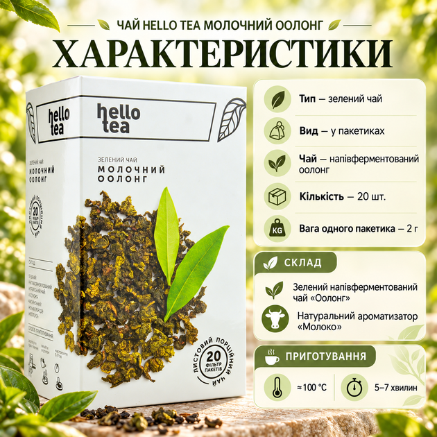 Чай зелений Hello Tea Молочний оолонг пакетований китайський напівферментований з натуральним ароматизатором молока вершковий у фільтр пакетах 20 шт по 2 г - Фото 3 Чай зелений Hello Tea Молочний оолонг пакетований китайський напівферментований з натуральним ароматизатором молока вершковий у фільтр пакетах 20 шт по 2 г - зображення 3