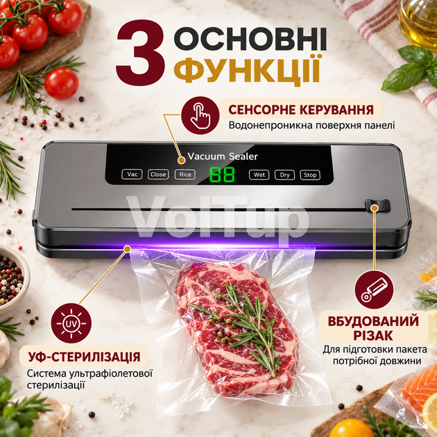 Вакууматор для продуктов с УФ-стерилизацией и встроенным резаком, вакуумный упаковщик 65 кПа для сухих и влажных продуктов - Фото 3 Вакууматор для продуктов с УФ-стерилизацией и встроенным резаком, вакуумный упаковщик 65 кПа для сухих и влажных продуктов - изображение 3