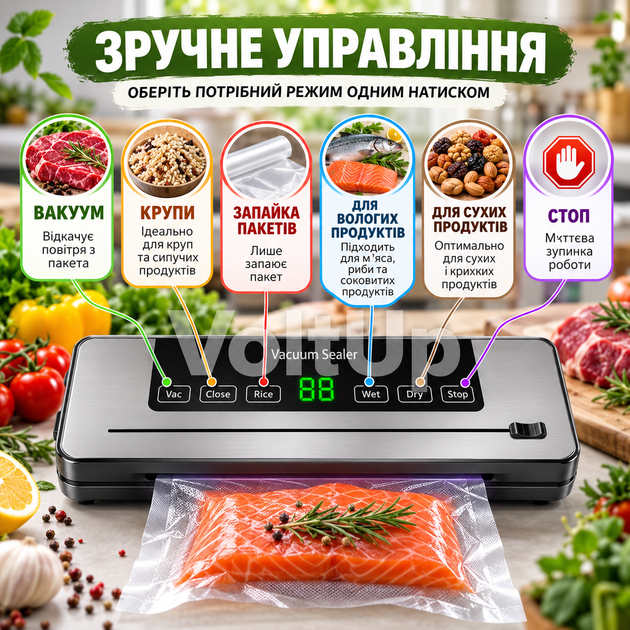 Автоматический вакууматор для продуктов 65 kPa 120 Вт с сенсорной панелью, фиолетовой стерилизацией, ножом и запайкой до 30 см - изображение 5