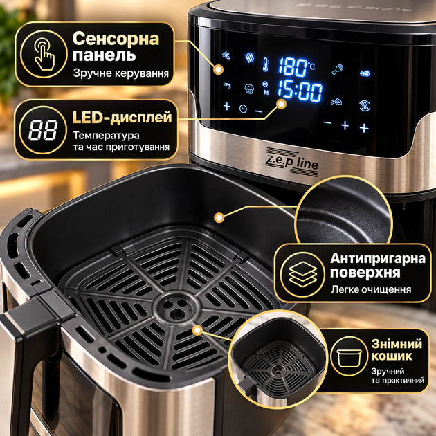 Аэрогриль-мультипечь Zepline ZP-109A 12 л 4200 Вт с 2 ТЭНами, сенсорным управлением и силиконовой формой - изображение 3