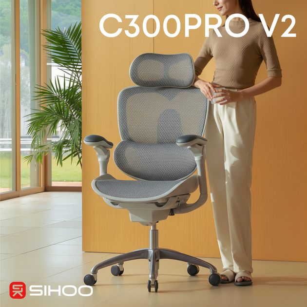 Крісло офісне ергономічне Sihoo DORO C300 PRO V2 White сітчасте 8D підлокітники 3D підголівник поперекова підтримка газліфт 4 клас алюмінієва основа до 150 кг зріст до 190 см (C300-PRO-V2-B102) - зображення 6
