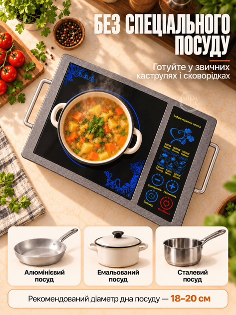 Плита електрична інфрачервона одноконфоркова Domotec 2000Вт, склокерамічна електроплитка з таймером і захистом від перегріву, настільна компактна плита для кухні, дачі, дому Чорна, MS-5842 - зображення 3