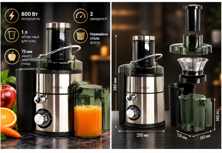 Соковыжималка центробежная Royalty Line RL-PJ19003 1000 Вт 4 в 1 Электрическая соковыжималка для овощей и фруктов с блендером - изображение 3