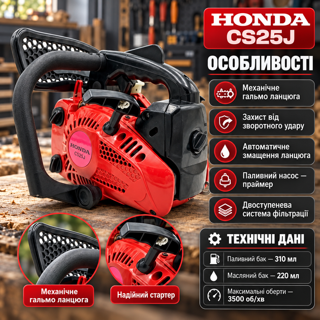 Бензопила цепная Honda CS25J 1,8 кВт одноручная для сада древесины дров шина 30 см шаг 3/8 - Фото 2 Бензопила цепная Honda CS25J 1,8 кВт одноручная для сада древесины дров шина 30 см шаг 3/8 - изображение 2