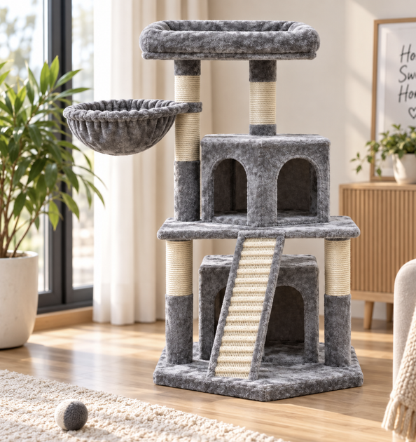 Игровой комплекс для кошек APOLLO-4 с когтеточкой 48×48×105 см — многоуровневый домик с лежанкой и гамаком - изображение 5