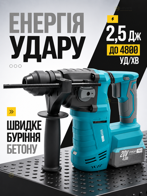 Перфоратор аккумуляторный бесщеточный 20 В 2,5 Дж SDS-Plus для бетона, 3 режима, кейс, без АКБ и ЗП - Фото 2 Перфоратор аккумуляторный бесщеточный 20 В 2,5 Дж SDS-Plus для бетона, 3 режима, кейс, без АКБ и ЗП - изображение 2
