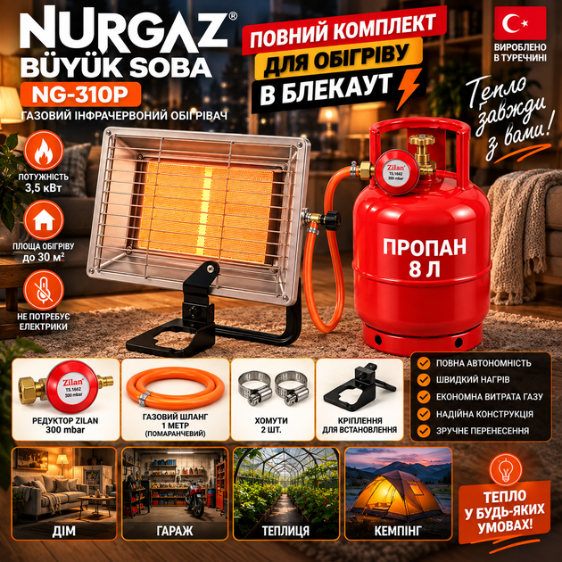 Комплект Nurgaz NG-310 3 кВт: балон 8 л, редуктор Zilan, шланг 1 м, 2 хомути та ключ - зображення 2