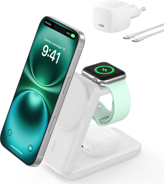 Ladowarka magnetyczna Belkin UltraCharge 3-in-1 Foldable Magnetic Charger 25W White (WIZ036KQWH) - Zdjęcie 2 Ladowarka magnetyczna Belkin UltraCharge 3-in-1 Foldable Magnetic Charger 25W White (WIZ036KQWH) - obraz 2