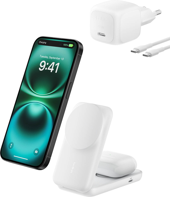 Магнітний зарядний пристрій Belkin UltraCharge 2-in-1 Qi2 Square Magnetic Charger 25W White (WIZ038KQWH) - Фото 1 Магнітний зарядний пристрій Belkin UltraCharge 2-in-1 Qi2 Square Magnetic Charger 25W White (WIZ038KQWH) - зображення 1