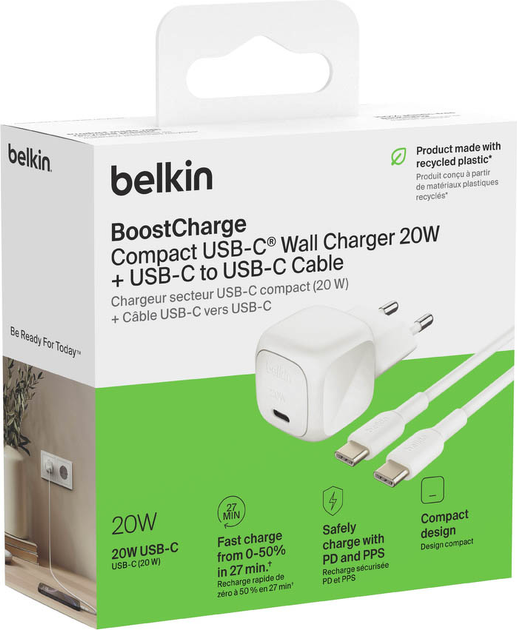 Ładowarka sieciowa Belkin USB-C PD 3.0 PPS Wall Charger 20W + USB-C to USB-C Cable White (WCA009KQ1MWH-B6) - Zdjęcie 4 Ładowarka sieciowa Belkin USB-C PD 3.0 PPS Wall Charger 20W + USB-C to USB-C Cable White (WCA009KQ1MWH-B6) - obraz 4