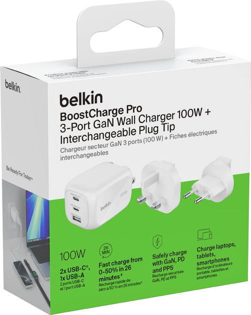 Ładowarka sieciowa Belkin 3-Port GaN Wall Charger 100W + Travel Adapter Kit White (WCH016HQWH) - obraz 3
