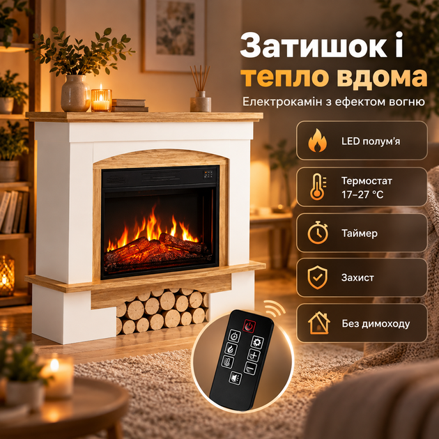 Електричний камін з порталом 1800 Вт Декоративний камінокомплект з обігрівом до 30 м² пультом і реалістичним полум’ям - зображення 2
