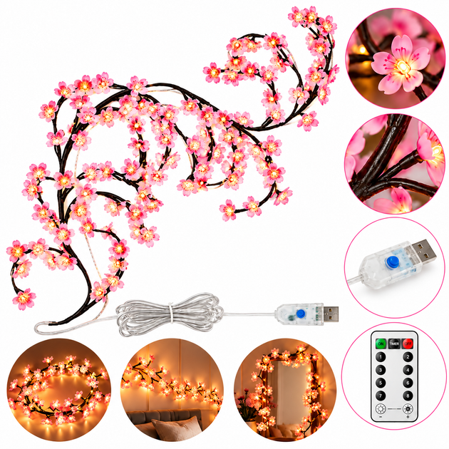 Светодиодная гирлянда Сакура 1,8 м 96 LED USB с пультом ДУ 8 режимов теплый свет для декора комнаты - изображение 3