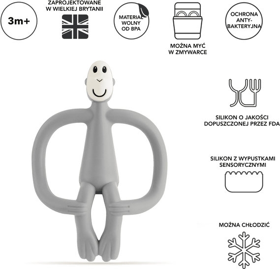 Gryzak kojący Matchstick Monkey ze szczoteczką Małpka Szary (MM-T-001) (611901211022) - obraz 3