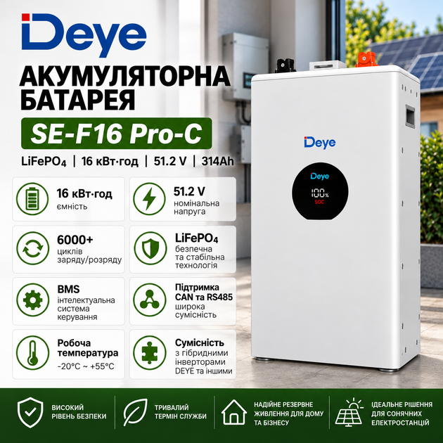Комплект Deye 6 кВт + 16 кВт·год | Гібридний інвертор SUN-6K-SG06LP1-EU-BM2 WiFi + акумулятор SE-F16 Pro-C LiFePO4 - зображення 7