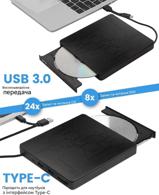 Внешний CD/DVD привод Maxesla BT668 USB 3.0 Type-C 24X/8X с SD/TF и 2 USB для ноутбука ПК Mac - изображение 2