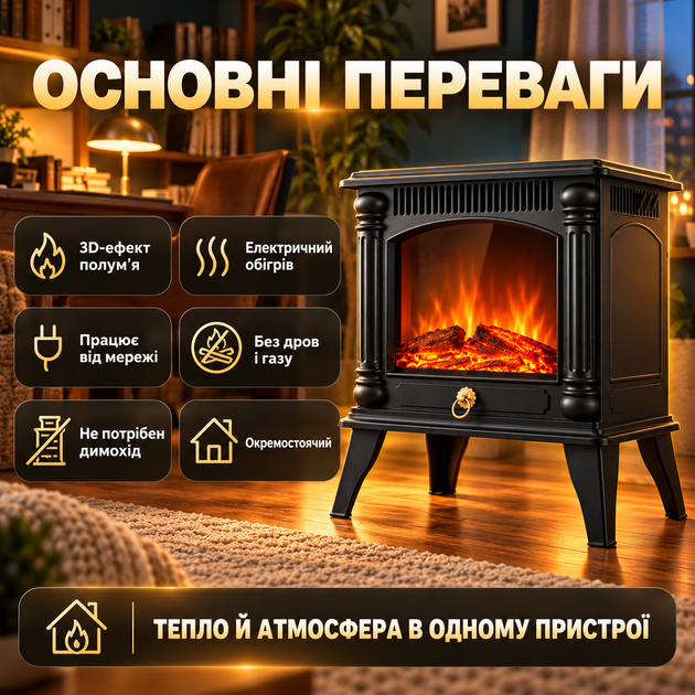 Обігрівач інфрачервоний електрокамін 3D полум'я для дому підлоговий до 30 м2 декоративні колони ніжки чорний - зображення 5