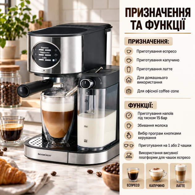Еспресо машина SilverCrest SEMM 1470 A2 ріжкова кавоварка з капучинатором 15 бар 1470 Вт для еспресо капучино латте електронне керування резервуар 1,2 л молочник 0,7 л - зображення 3