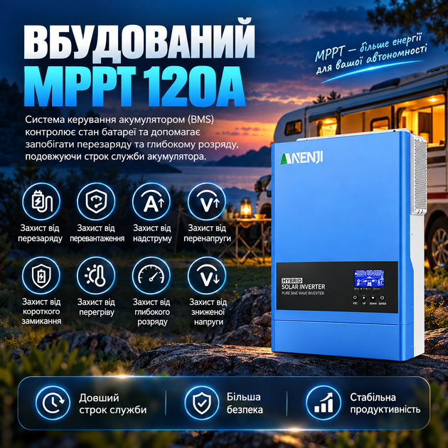 Гібридний інвертор Anenji 6.2 кВт kw (6200w) 48V, чиста синусоїда MPPT 120А, Wi-Fi з підтримкою LiFePO4 та BMS - Фото 3 Гібридний інвертор Anenji 6.2 кВт kw (6200w) 48V, чиста синусоїда MPPT 120А, Wi-Fi з підтримкою LiFePO4 та BMS - зображення 3