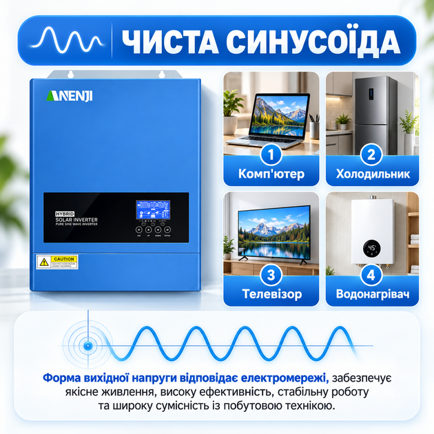 Гібридний інвертор Anenji 6.2 кВт kw (6200w) 48V, чиста синусоїда MPPT 120А, Wi-Fi з підтримкою LiFePO4 та BMS - Фото 6 Гібридний інвертор Anenji 6.2 кВт kw (6200w) 48V, чиста синусоїда MPPT 120А, Wi-Fi з підтримкою LiFePO4 та BMS - зображення 6
