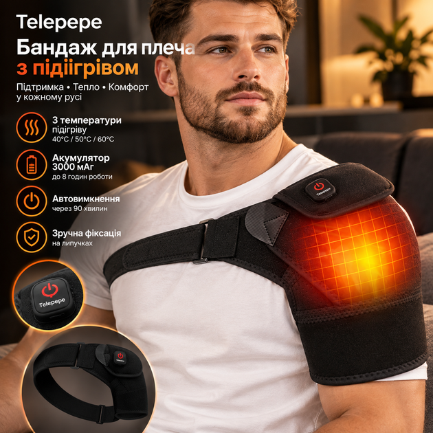 Бандаж для плеча з підігрівом Telepepe, акумуляторний 3000 мАг, 3 температури, автовимкнення, чорний - зображення 2