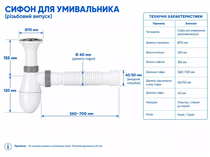 U1010 умивальник 1 1/4*32, литий випуск, гофротруба 40*40/50 {40} - изображение 4