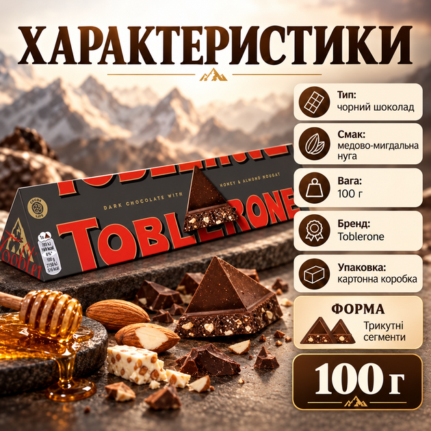 Черный шоколад с медово миндальной нугой швейцарский горький плиточный треугольный десерт 100 г картонная коробка - изображение 3