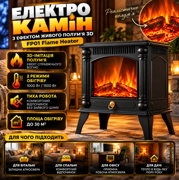 Електричний нагрівач-камін з ефектом живого полум'я 3D FP01 Flame Heater Електрокамін підлоговий - зображення 2