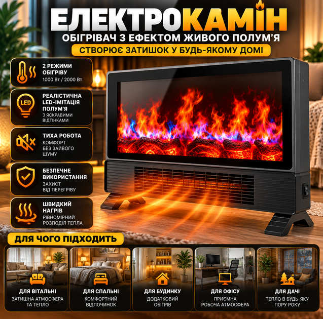 Електричний нагрівач-камін з ефектом живого полум'я Flame Heater Електрокамін підлоговий - зображення 2
