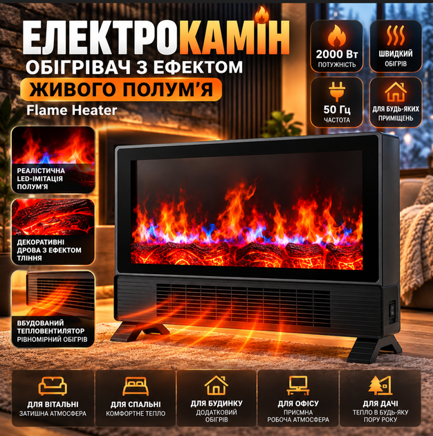 Електричний нагрівач-камін з ефектом живого полум'я Flame Heater Електрокамін підлоговий - зображення 4