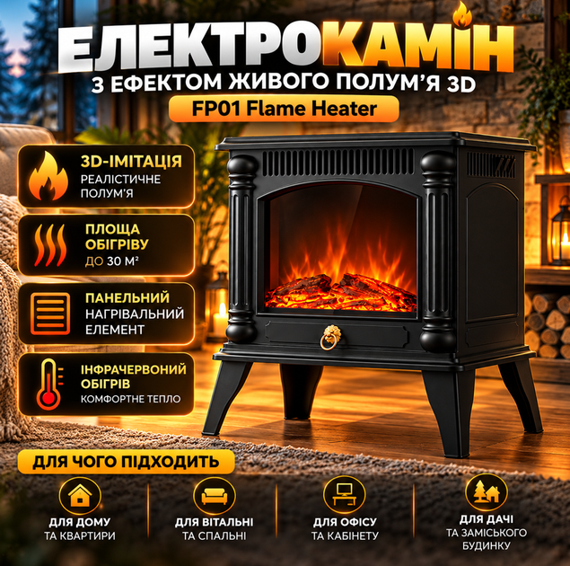 Електричний нагрівач-камін з ефектом живого полум'я 3D FP01 Flame Heater Електрокамін підлоговий - зображення 4