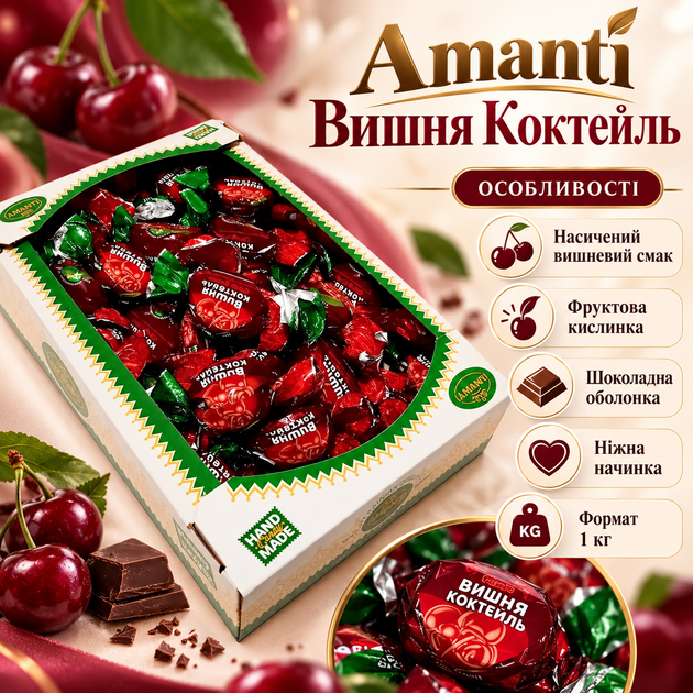 Цукерки Amanti Вишня Коктейль 1 кг молочний шоколад з вишневою начинкою фруктовим смаком десерт у картонній коробці - Фото 2 Цукерки Amanti Вишня Коктейль 1 кг молочний шоколад з вишневою начинкою фруктовим смаком десерт у картонній коробці - зображення 2