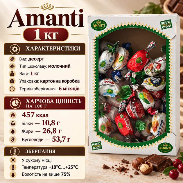 Цукерки асорті Amanti 1 кг молочний шоколад десерт з чорносливом курагою горіхами кокосом арахісом медом журавлиною злаками - Фото 3 Цукерки асорті Amanti 1 кг молочний шоколад десерт з чорносливом курагою горіхами кокосом арахісом медом журавлиною злаками - зображення 3