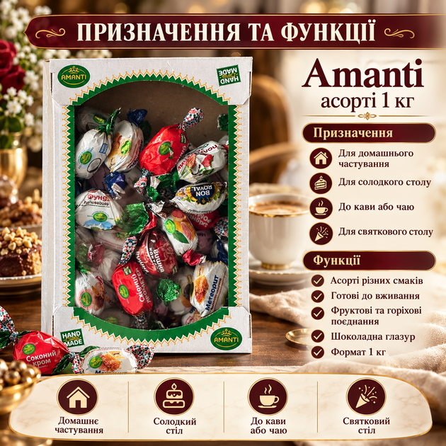 Цукерки асорті Amanti 1 кг молочний шоколад десерт з чорносливом курагою горіхами кокосом арахісом медом журавлиною злаками - Фото 4 Цукерки асорті Amanti 1 кг молочний шоколад десерт з чорносливом курагою горіхами кокосом арахісом медом журавлиною злаками - зображення 4