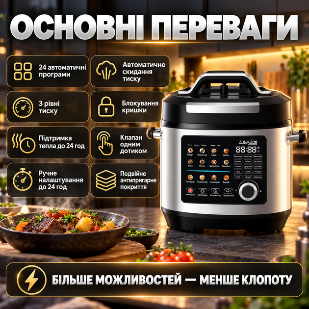 Мультиварка скороварка Zepline 7 л 24 програми сенсорна панель 3 рівні тиску потужність 2200 Вт підтримка тепла - зображення 4