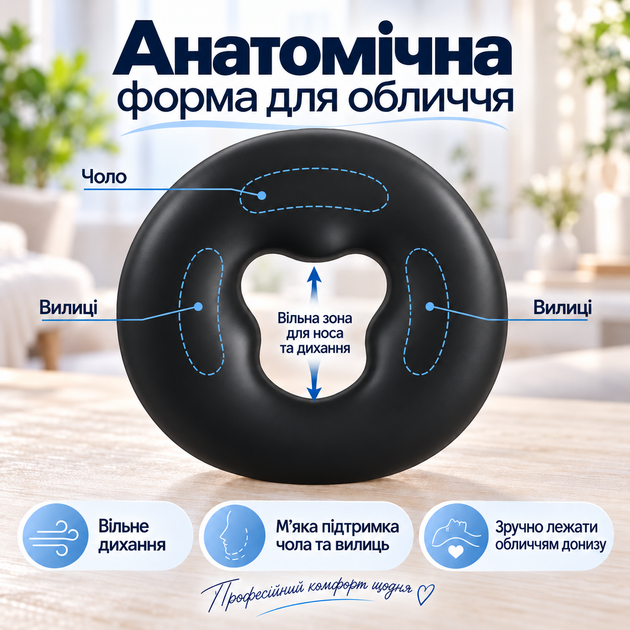 Силиконовая подушка для лица Kadik для массажного стола, анатомическая накладка на люверс, 26 × 26 см, чёрная - изображение 3