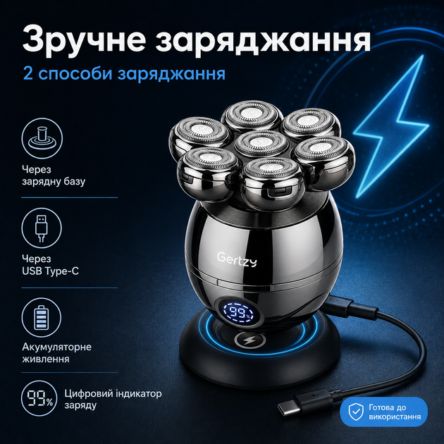 Мужская электробритва Gertzy 5-в-1 с 7 плавающими роторными головками и USB-зарядкой - изображение 3