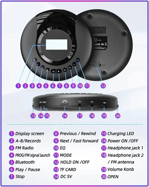 Портативний акумуляторний CD-програвач ARAFUNA CD-521 з Bluetooth та FM-радіо — персональний плеєр - зображення 9