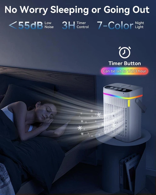 Портативный охладитель воздуха AJVV 4-в-1, 10 Вт, 1250 мл, USB-C, 3 скорости, увлажнитель и ночник, белый - изображение 4