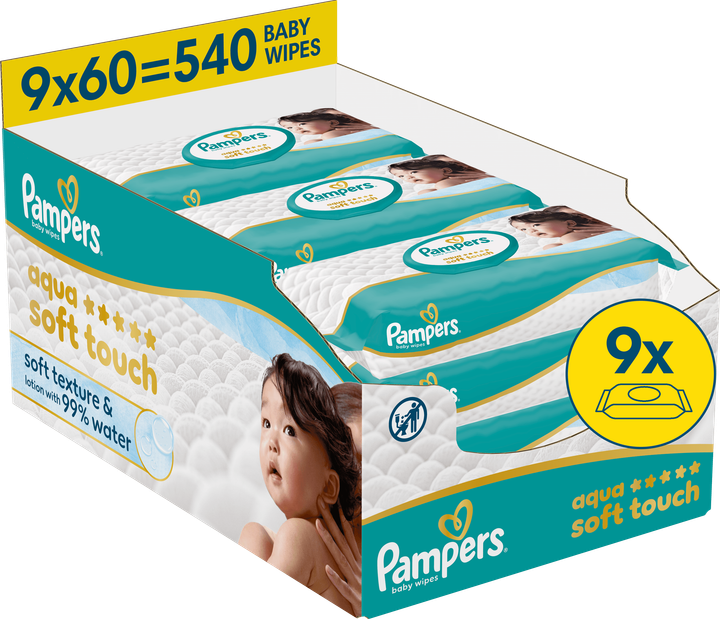 Набір вологих серветок Pampers Aqua Soft Touch 9 x 60 шт (8006530460118) - зображення 2