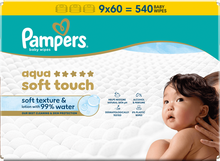 Набір вологих серветок Pampers Aqua Soft Touch 9 x 60 шт (8006530460118) - зображення 4