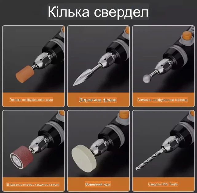 Акумуляторна міні дриль-гравер 35 Вт, 3 швидкості, USB, 8500–21000 об/хв Набір для гравіювання та шліфування - зображення 3